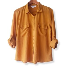 OLIVE & OAK Yellow Collar Neck Front Button Sheer Blouse Top